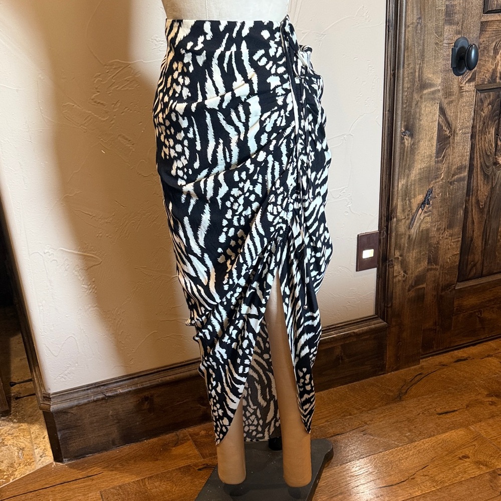 Veronica Beard Black and White Ruched Wrap-Style Midi Skirt